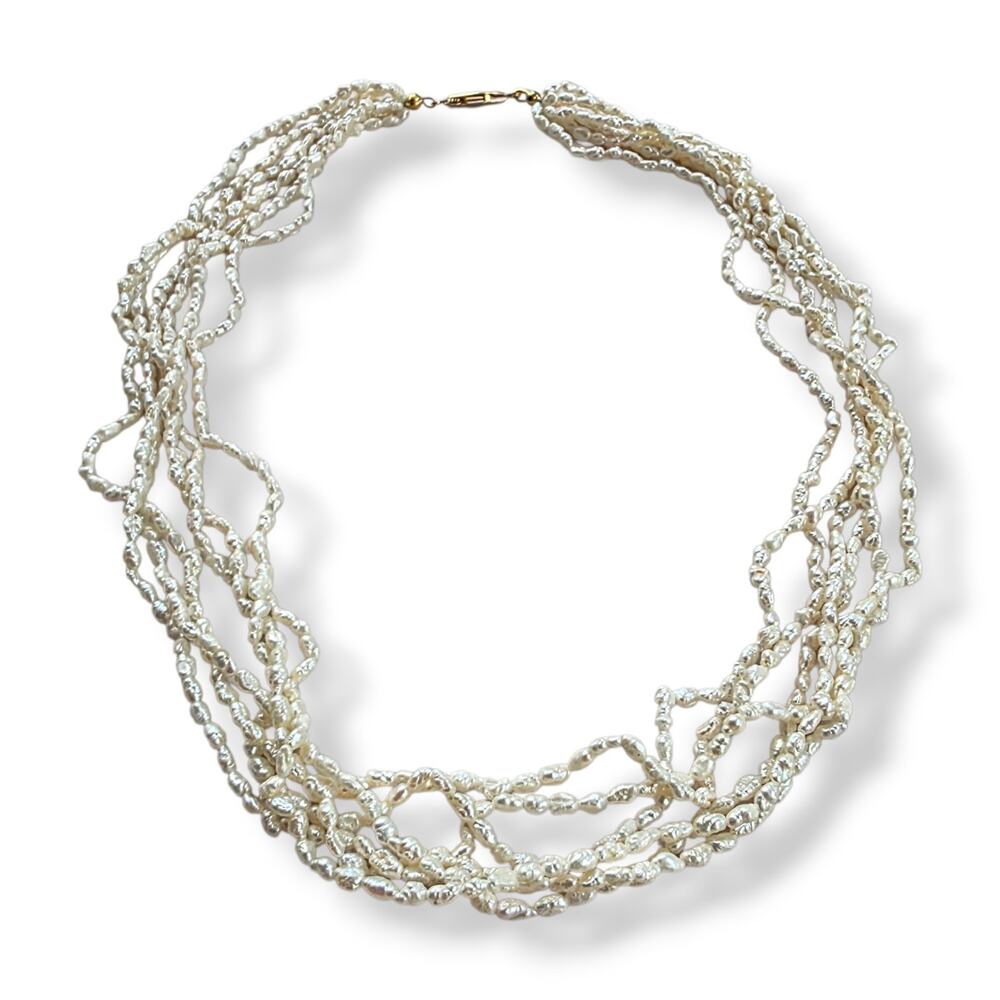 Genuine rice Pearl 5 strand Choker Necklace 18" Vintage Old Money Coastal